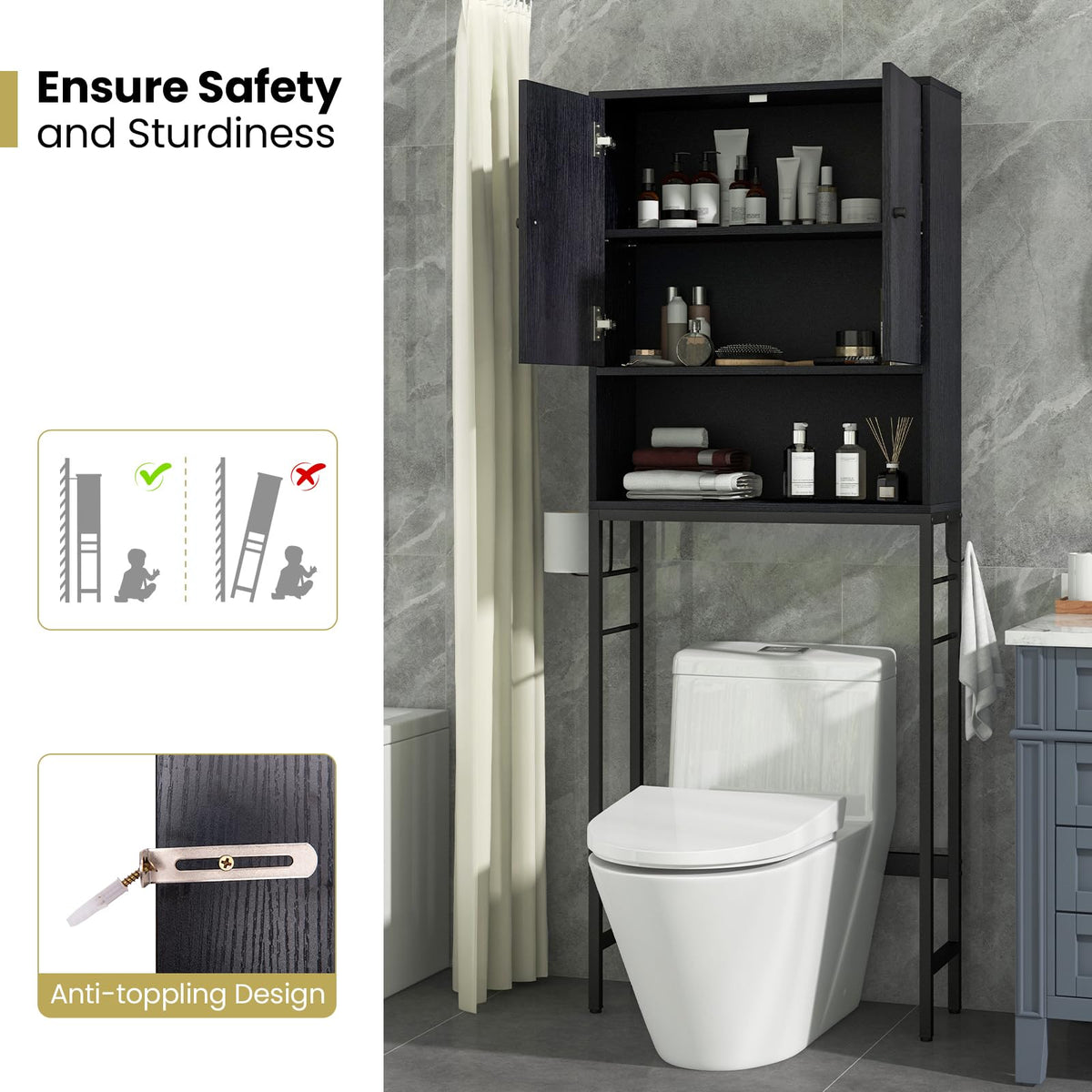 Goflame Over The Toilet Storage Cabinet - Toilet Shelf Rack with Anti-Tip Device