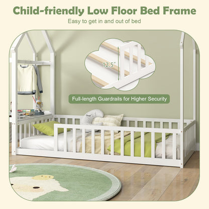 Goflame Twin House Floor Bed, Solid Wood Montessori Floor Bed with Detachable Storage Shelf & Clothes Hanger