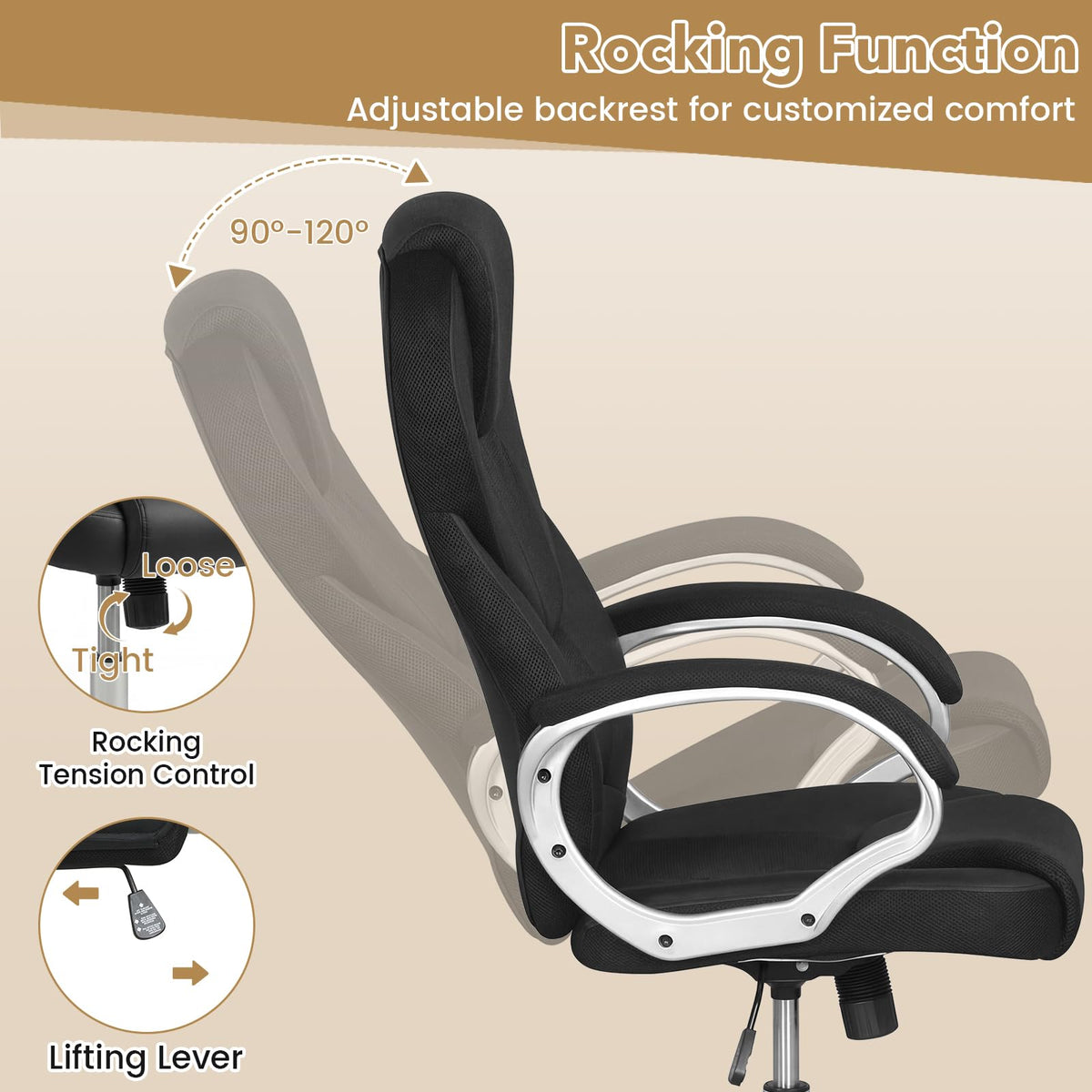 Goflame Leather Office Chair | Ergonomic Mesh Executive Chair with Padded Armrests & Rocking Backrest