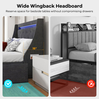 Goflame Full Size Bed Frame with LED Lights & Charging Station, Upholstered Platform Bed with Wingback Headboard