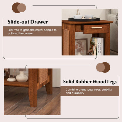 Goflame Rattan Nightstand with Drawer, Mid Century End Table with Storage Shelf, Sofa Side Table with Solid Rubber Wood Legs