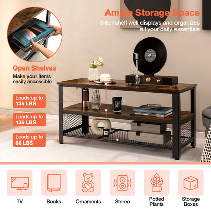 Goflame TV Stand for TV up to 50 Inches, 43.5 inch Wood Industrial TV Cabinet with 3-Tier Storage Shelves, Rustic Brown