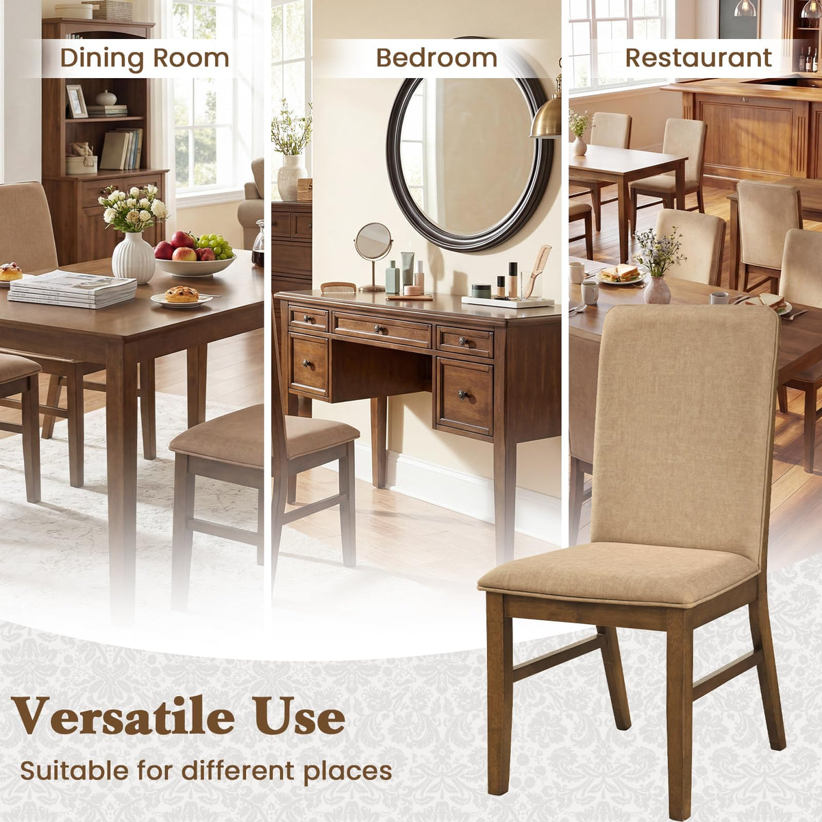 Goflame Upholstered Dining Chairs | High Back Padded Fabric Kitchen Chairs with Solid Rubber Wood Legs