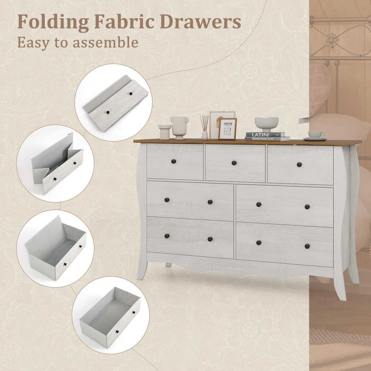 Goflame Storage Cabinet with Foldable & Detachable Fabric Drawers, Anti-Tipping Kit, 47” x 15” x 30.5” Farmhouse Floor Cabinet