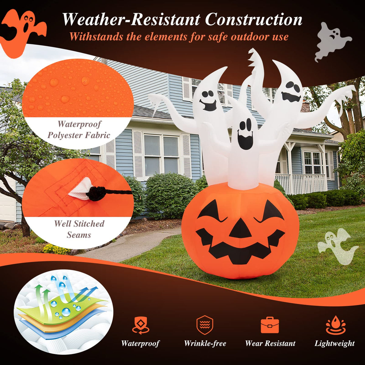 6FT Halloween Inflatable Decorations, 3 White Ghosts on Pumpkin