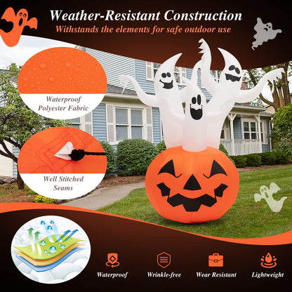 6FT Halloween Inflatable Decorations, 3 White Ghosts on Pumpkin