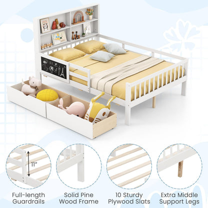 Goflame Full/Twin Size 2 Storage Drawers, Solid Wood Kids Bed Frame w/Bookcase Headboard & Blackboard