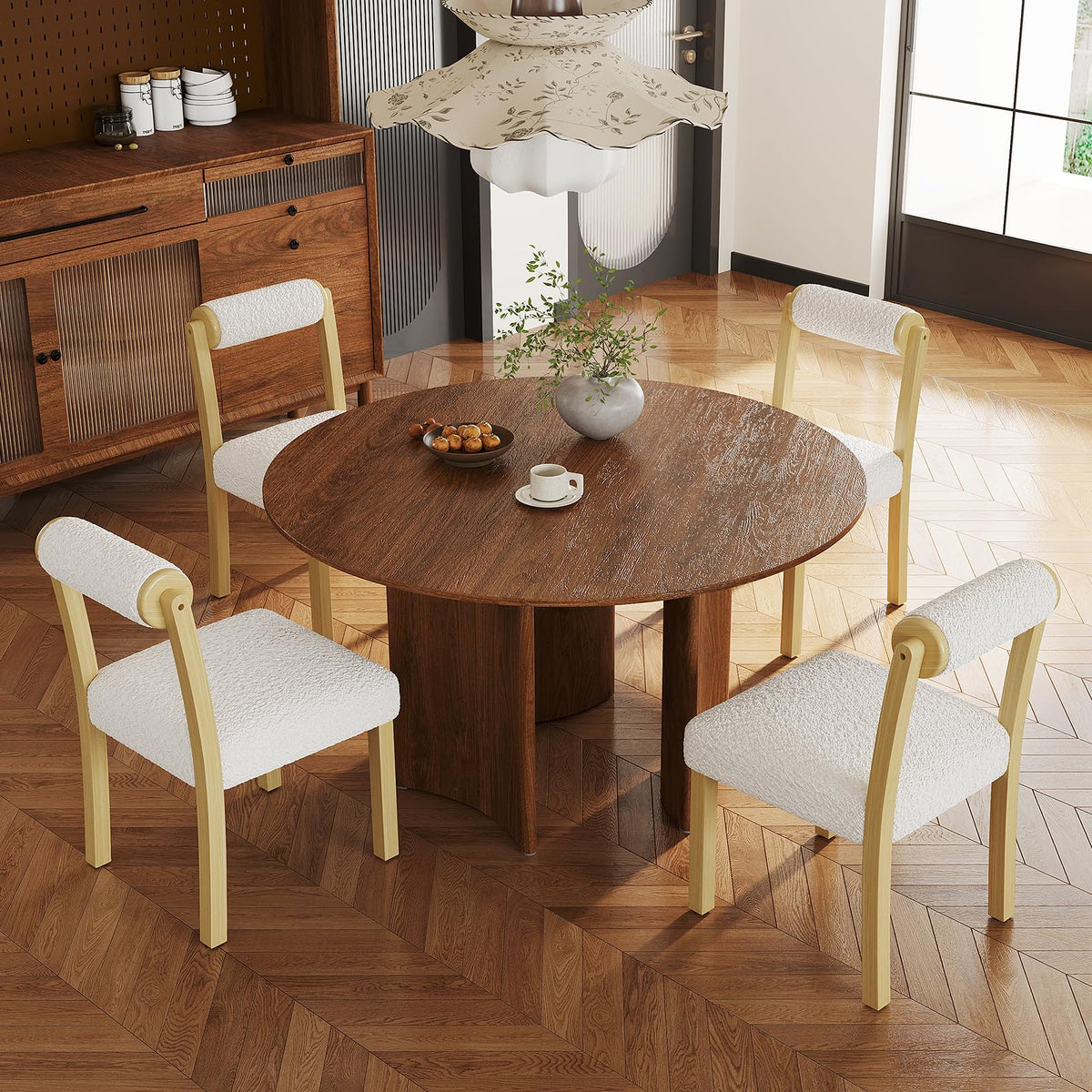 Goflame Wooden Dining Chairs Set of 2/4, Faux Sherpa Upholstered Kitchen Dining Room Chairs w/Rubber Wood Frame