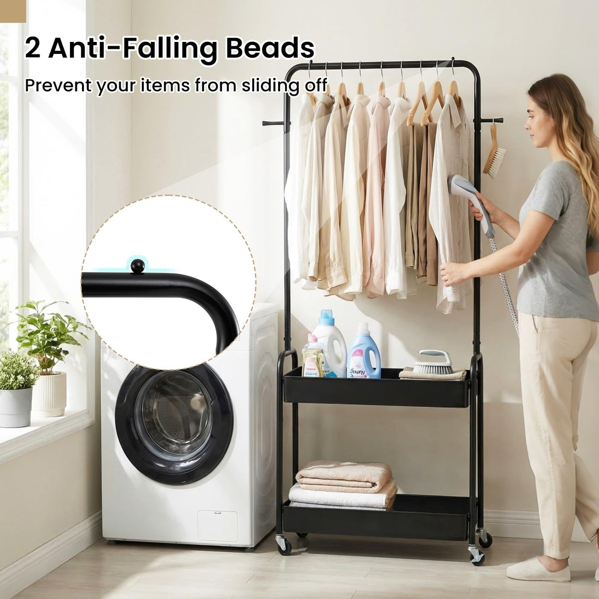 Goflame Heavy-Duty Rolling Clothes Rack with 2 Storage Baskets & Side Hooks