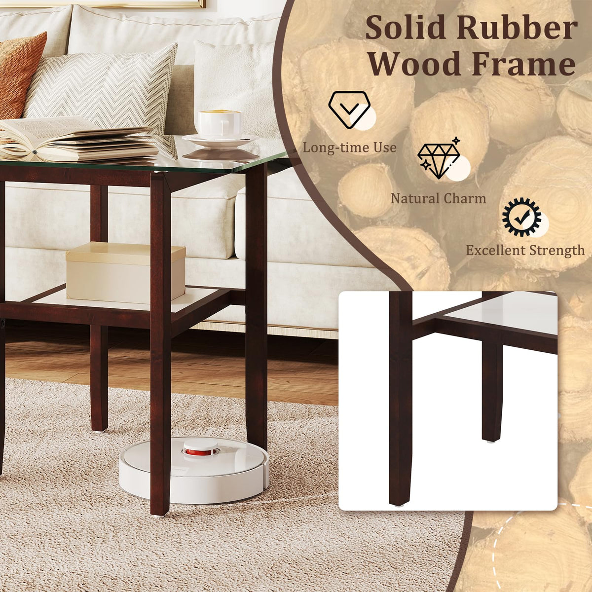 Goflame Small Coffee Table 24" Glass End Table