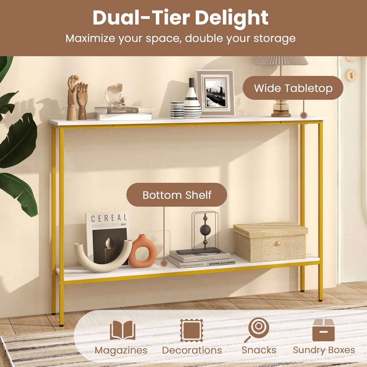 Goflame Gold Console Table with Shelf, 44" Narrow Entryway Table w/Dual Anti-Tipping Kits & Golden Metal Frame