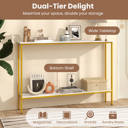 Goflame Gold Console Table with Shelf, 44" Narrow Entryway Table w/Dual Anti-Tipping Kits & Golden Metal Frame
