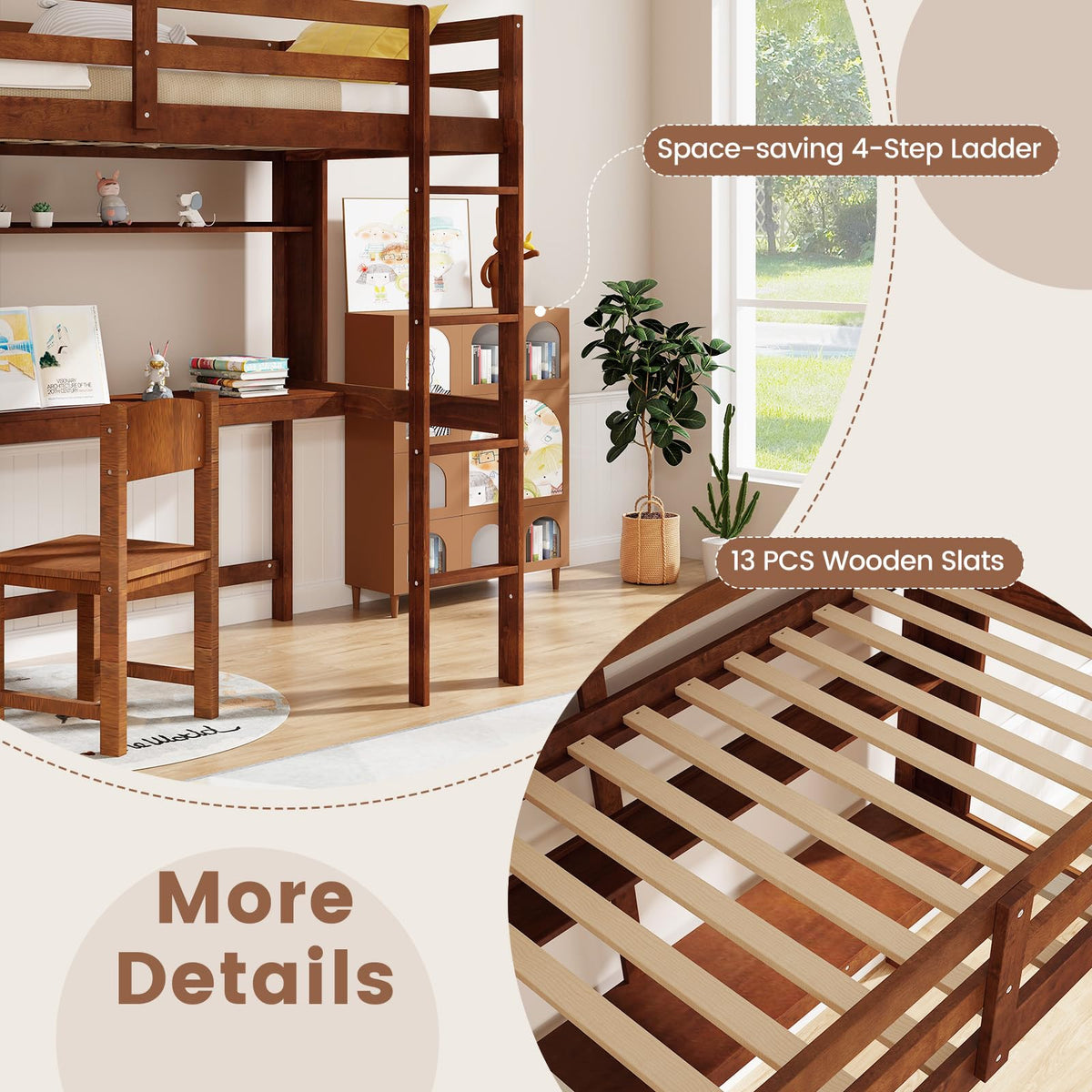 Goflame Twin Loft Bed with Desk and Bookshelf, Wooden Bed Frame with Safety Guardrail & Ladder