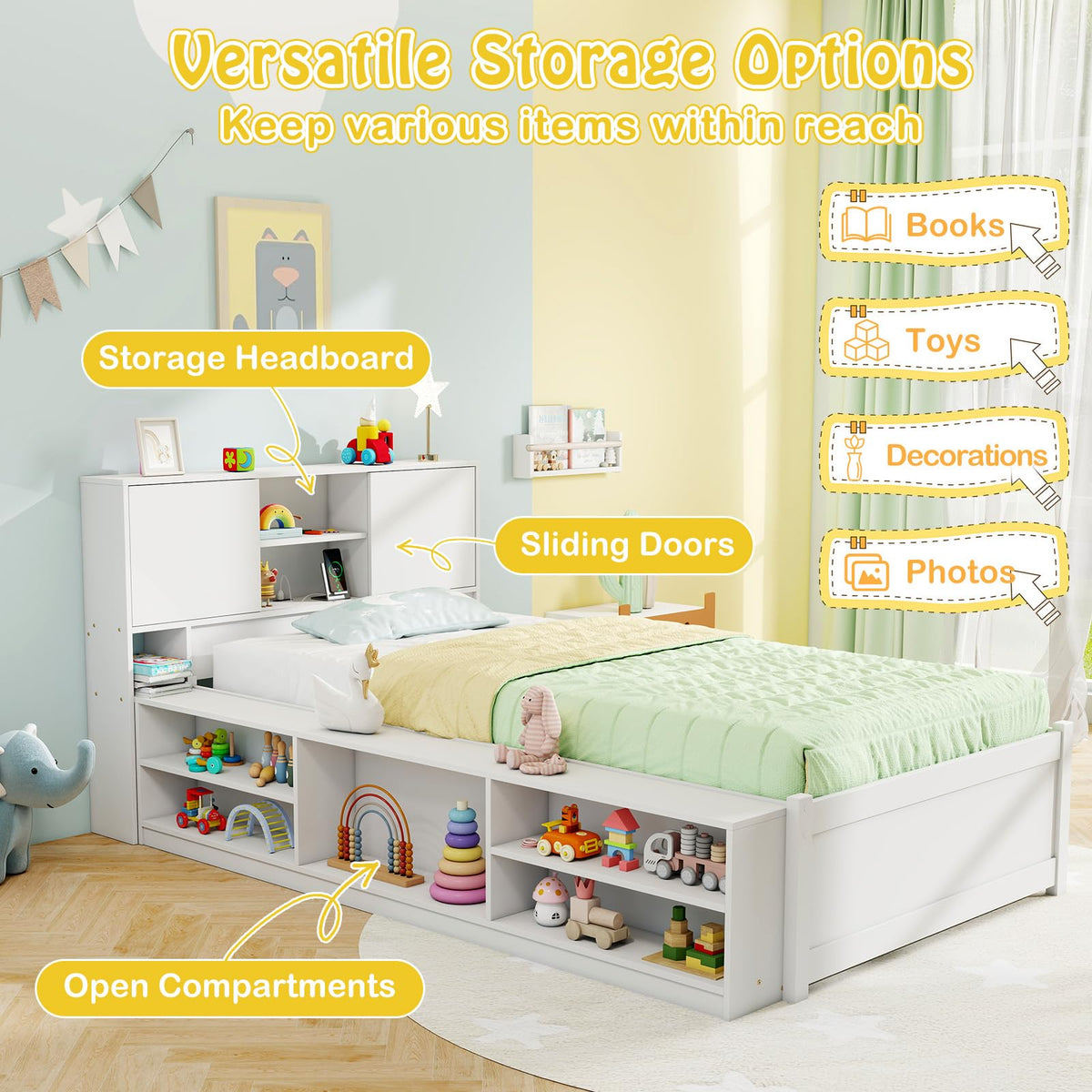 Goflame White Twin Size Bed Frame with Trundle and Bookcase Headboard