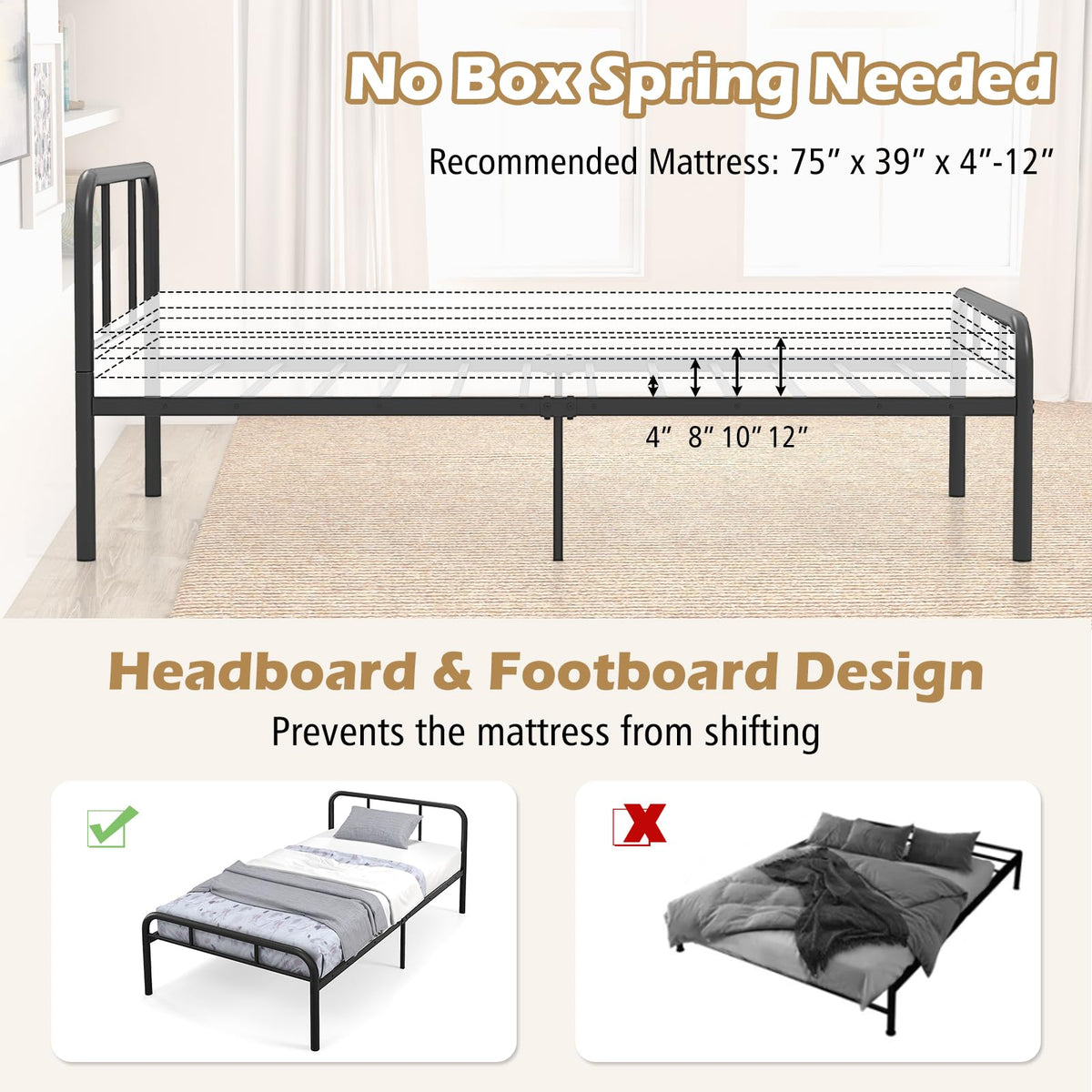 Goflame Twin Size Bed Frame, Modern Metal Platform Bed with Headboard and Footboard, Heavy Duty Steel Slat Support Mattress Foundation