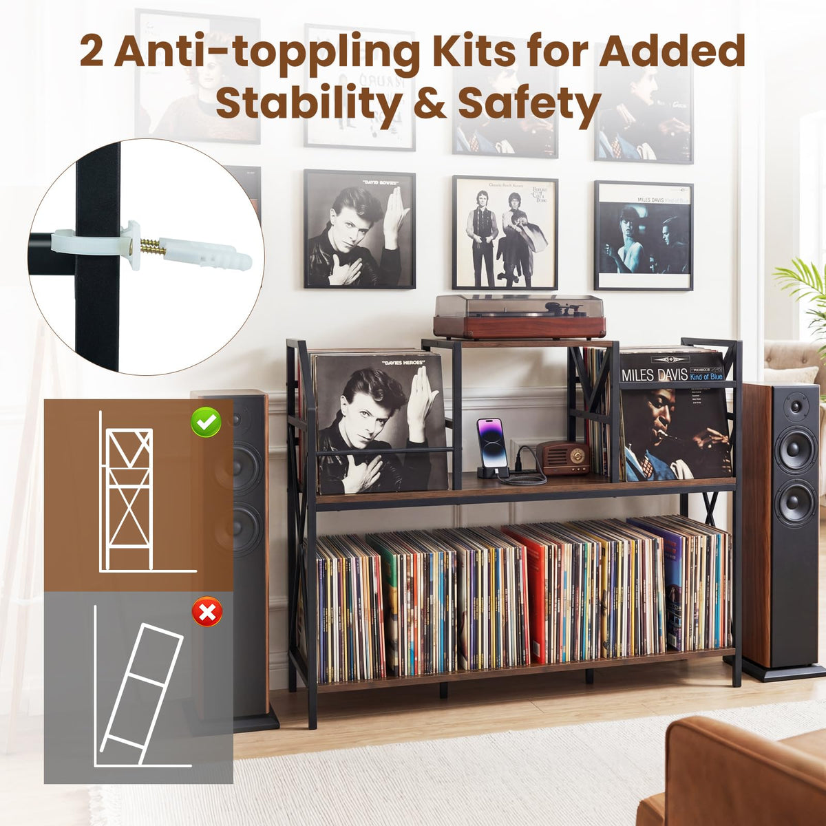 Goflame Large Record Player Stand with Charging Station & Dividers for Albums