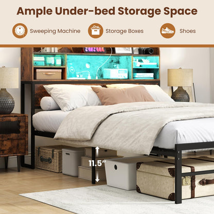 Goflame Full Size Industrial Metal Bed Frame with LED Lights & Charging Station