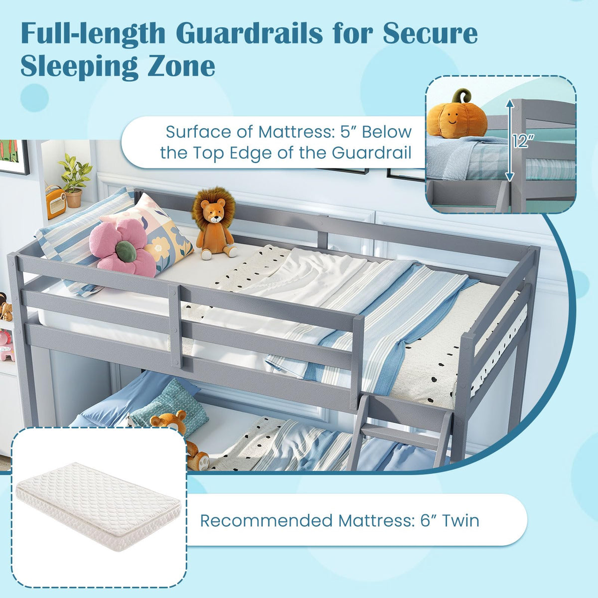 Goflame Twin Over Full Bunk Bed Solid Wood Kids Bunk Bed with Full-Length Guardrails & Ladder