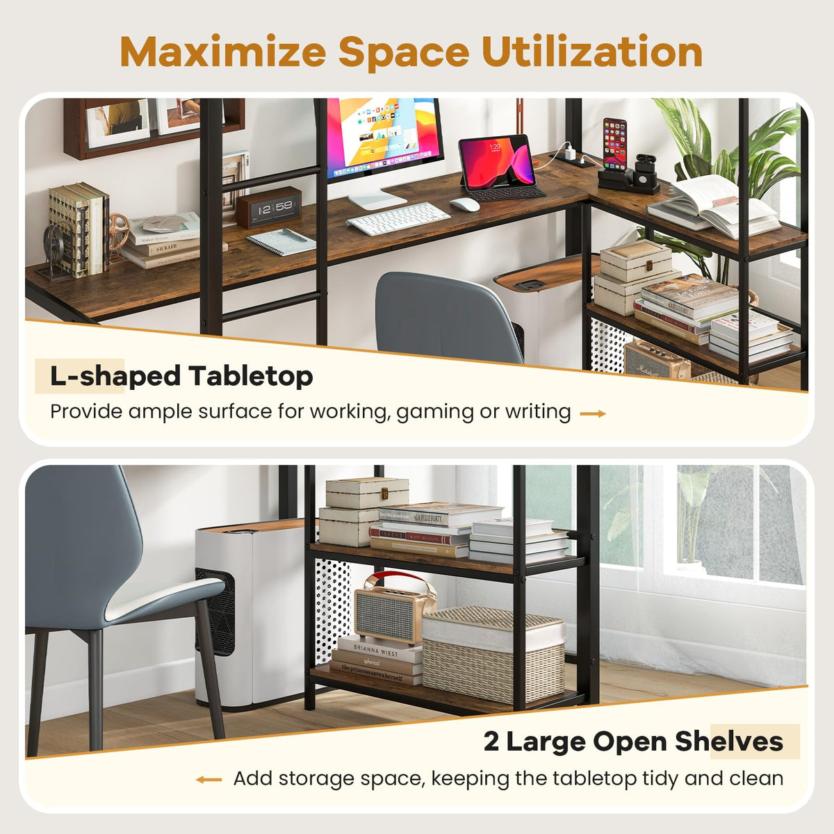 Goflame Twin Loft Bed with L-Shaped Desk, Metal Loft Bed Frame with LED Lights