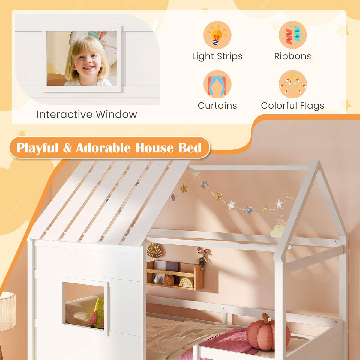 Goflame Twin Size Loft Bed with LED Lights Roof Window and Storage Bookshelf