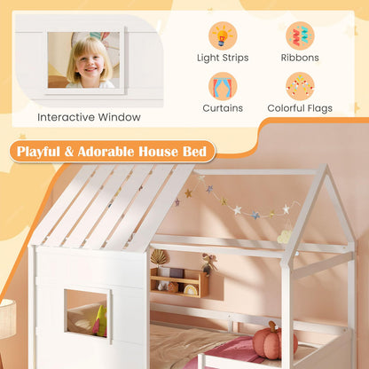 Goflame Twin Size Loft Bed with LED Lights Roof Window and Storage Bookshelf