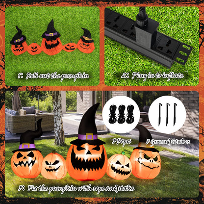 8 FT Long Halloween Inflatable Pumpkin Patch Family, 5 PCS Halloween Blow up Pumpkins with Built-in LED Lights & Blower