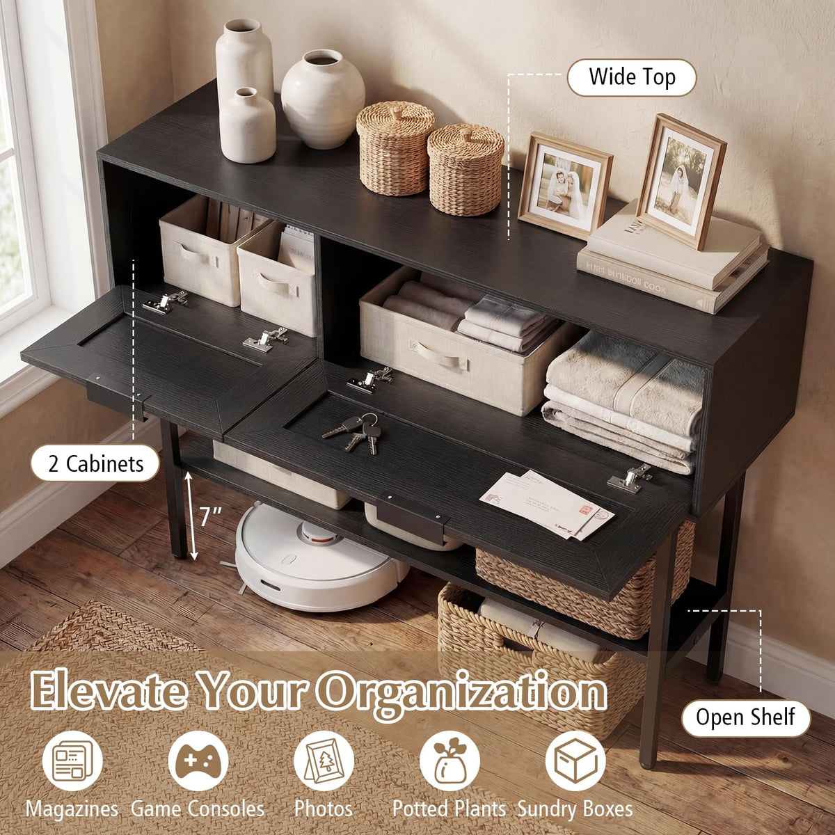 Goflame Rattan Console Table Boho Entryway Table with 2 Storage Cabinets