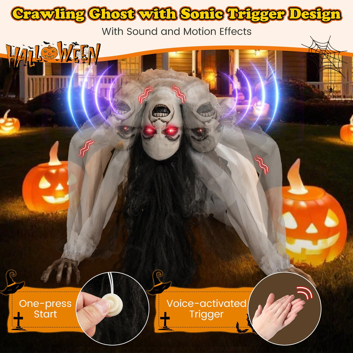 Lighted and Animated Halloween Decoration, Animatronic Crawling Woman w/ LED Eyes, Indoor Outdoor Halloween Ghost