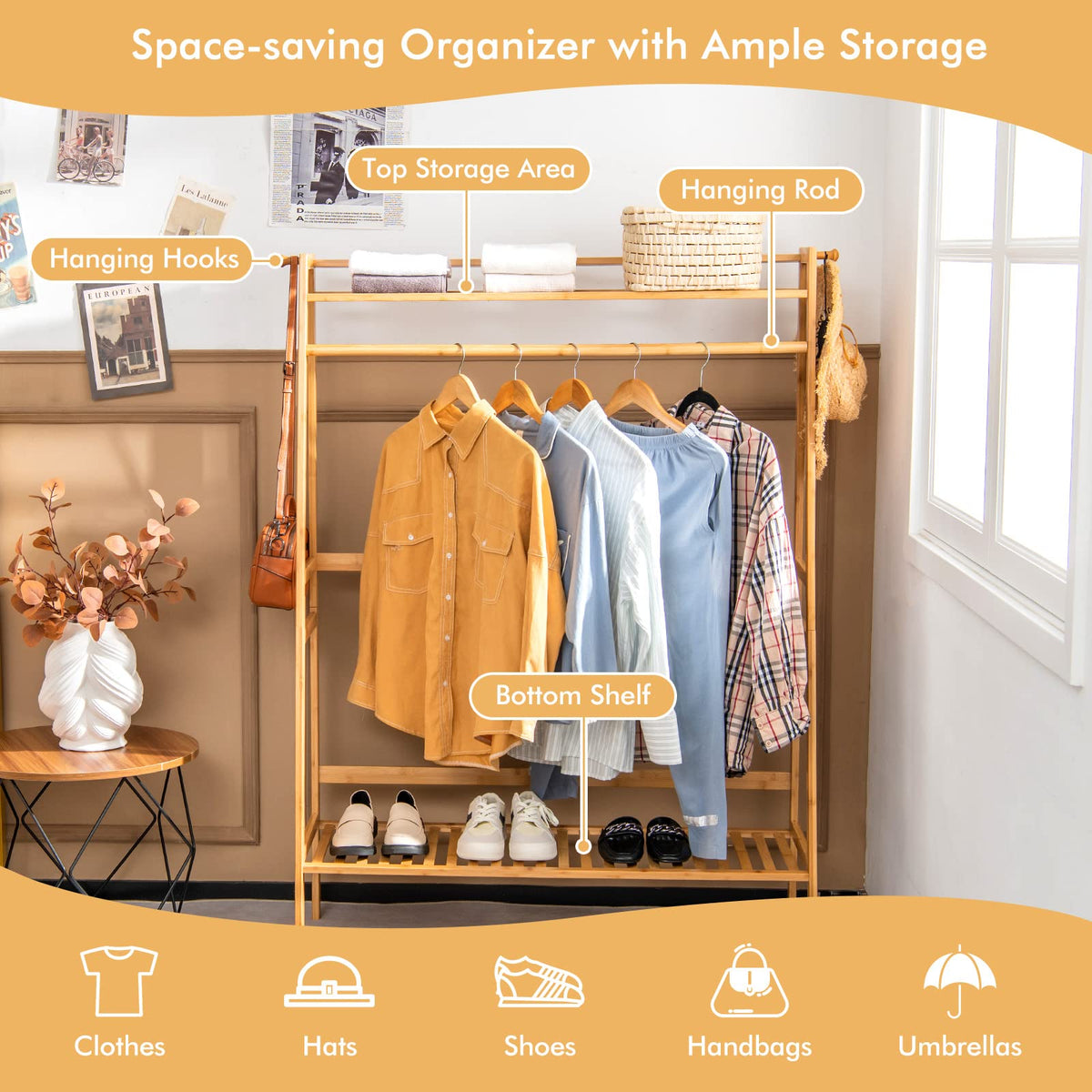 Goflame 3 Tier Bamboo Clothing Rack with Shelves, Heavy Duty Freestanding Clothes Organizer Rack with Coat Hooks
