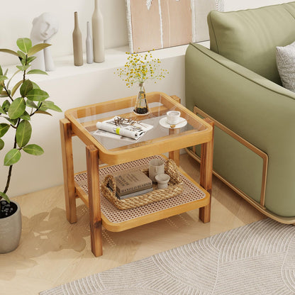 Goflame Rattan Side Table, Boho End Table for Living Room, Narrow Bedside Table with Tempered Glass Top