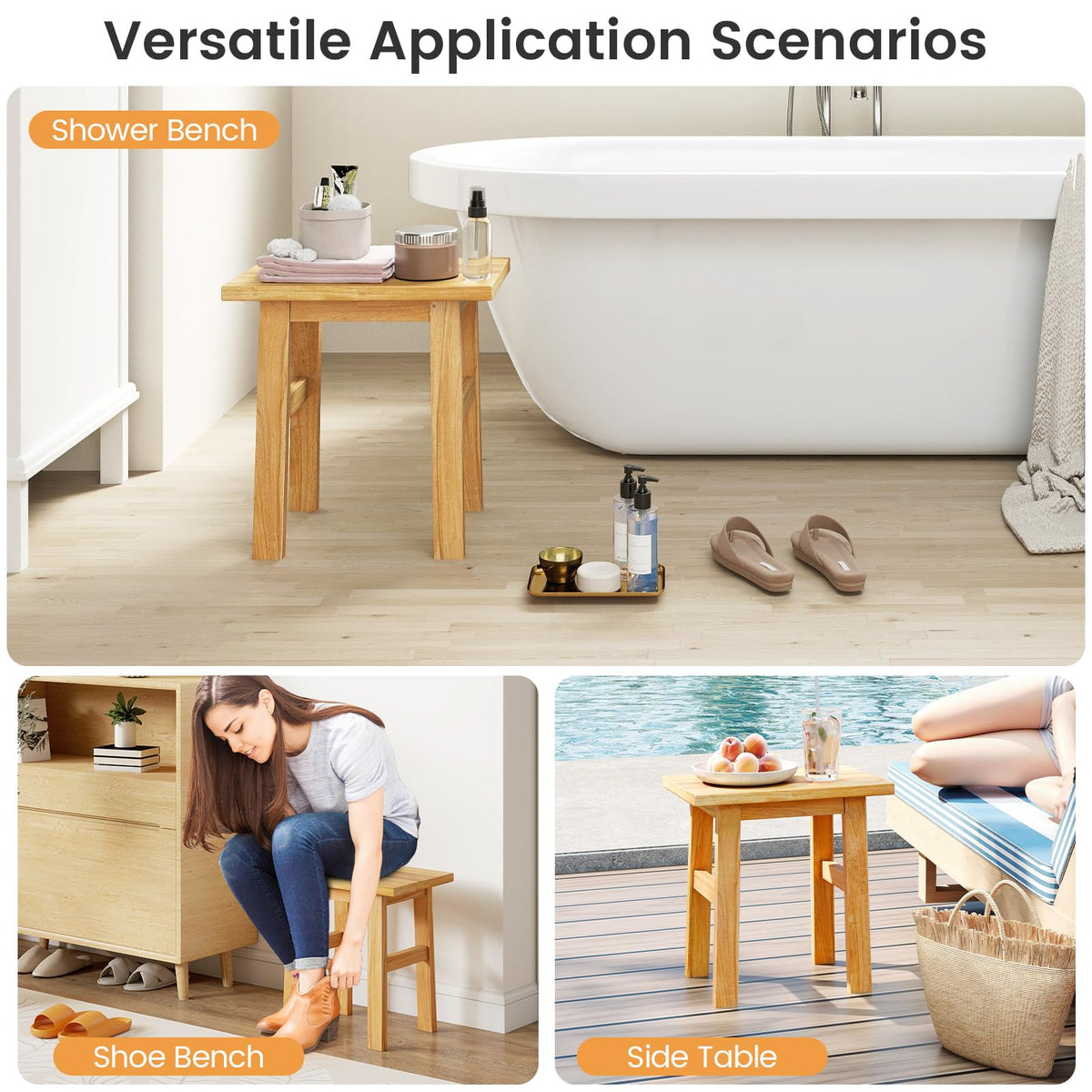 Goflame Solid Teak Shower Bench Stool for Bathroom with Water-Resistant Finish 18''L x 12''W x 18''H