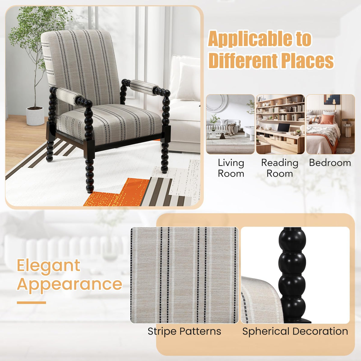 Goflame Mid Century Modern Spindle Accent Chair Set of 1/2, Upholstered Armchair w/Rubber Wood Frame