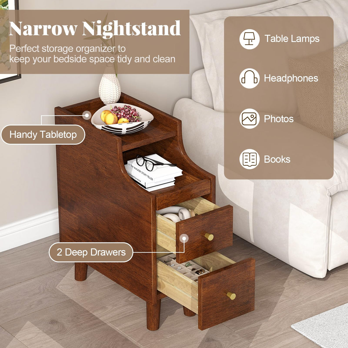 Goflame Narrow Nightstand with 2 Drawers for Small Spaces (1/2)