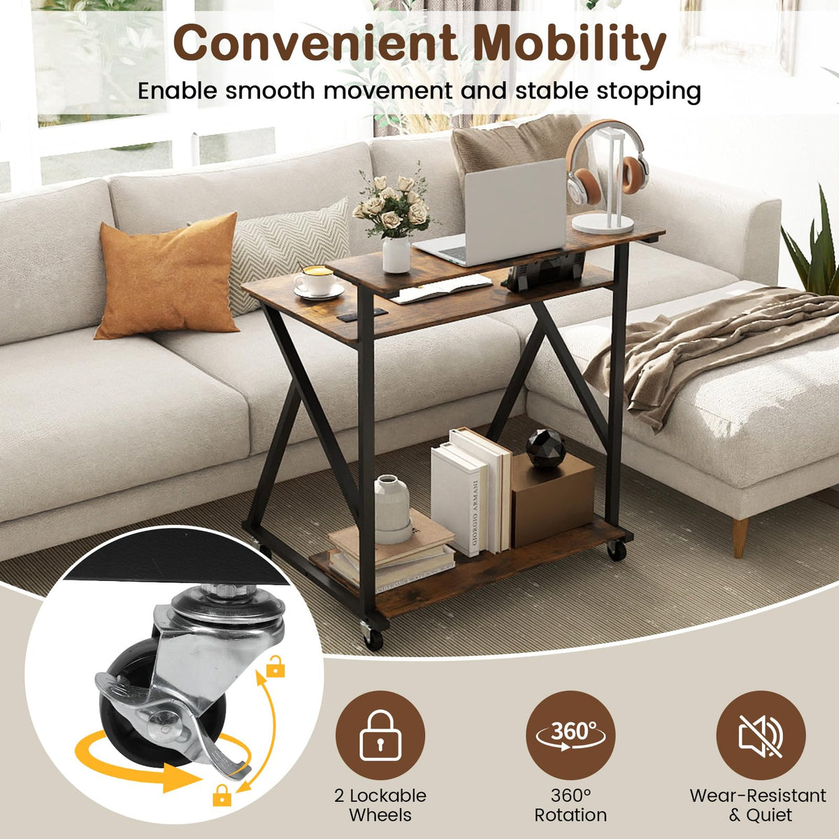 Goflame Rolling Small Desk with Storage | Compact Computer Desk for Small Spaces with Charging Station