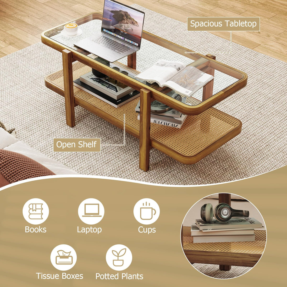 Goflame Rattan Coffee Table, 47.5" Rectangle Solid Wood Tea Table w/Tempered Glass Tabletop