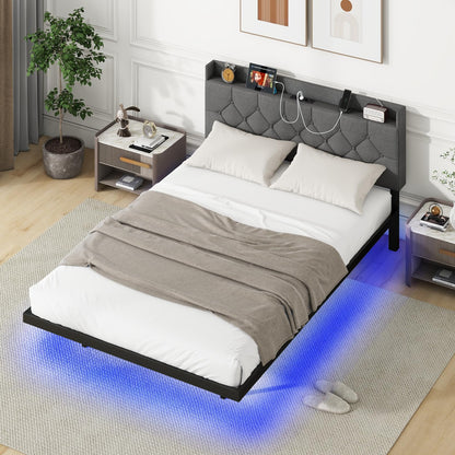 Goflame Queen/Full Size Floating Bed Frame with LED Lights, Modern Platform Bed with Adjustable Upholstered Headboard & Charging Station