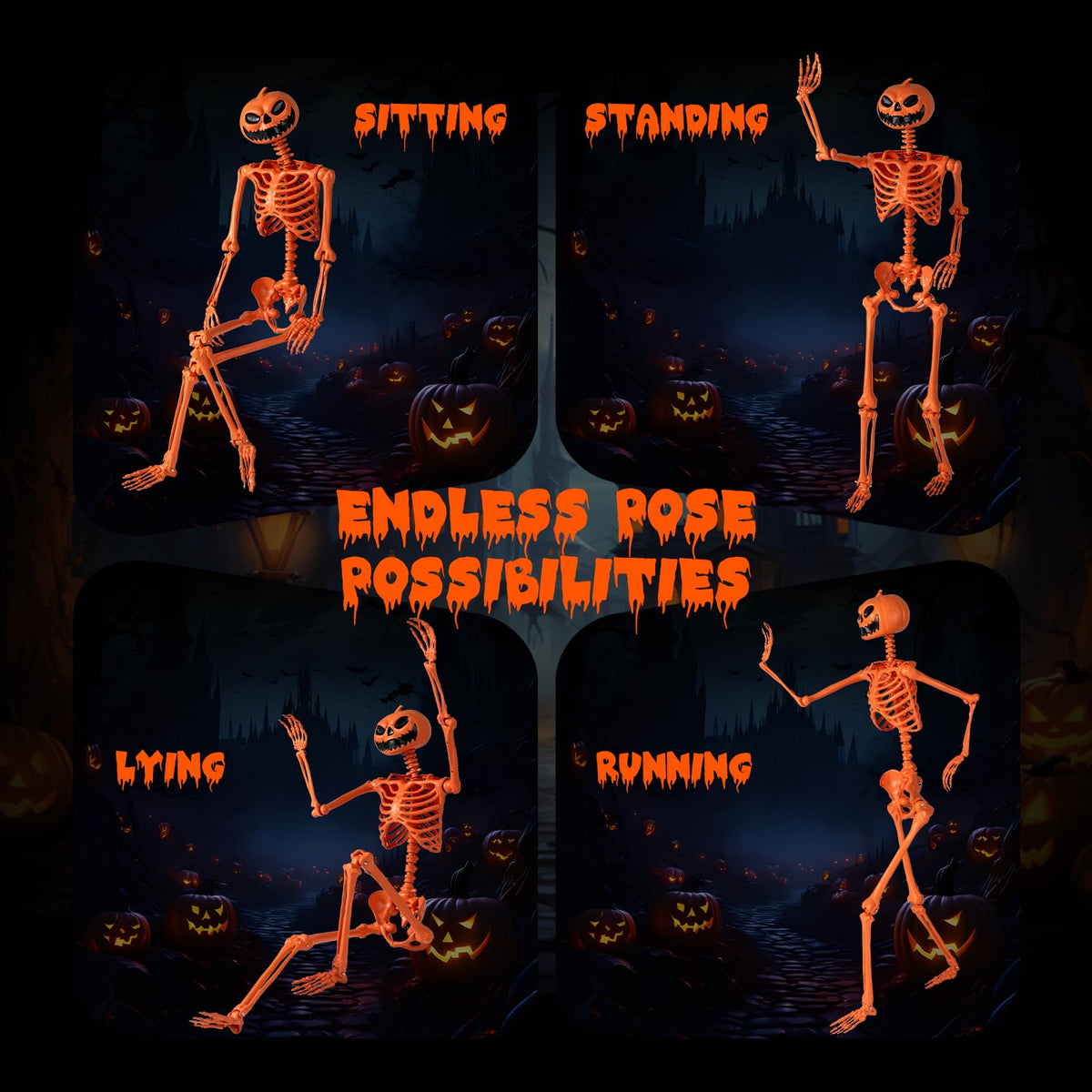 Goflame 5.2 Ft Life-Size Posable Skeleton with Pumpkin Head Halloween Orange Skeleton Decoration