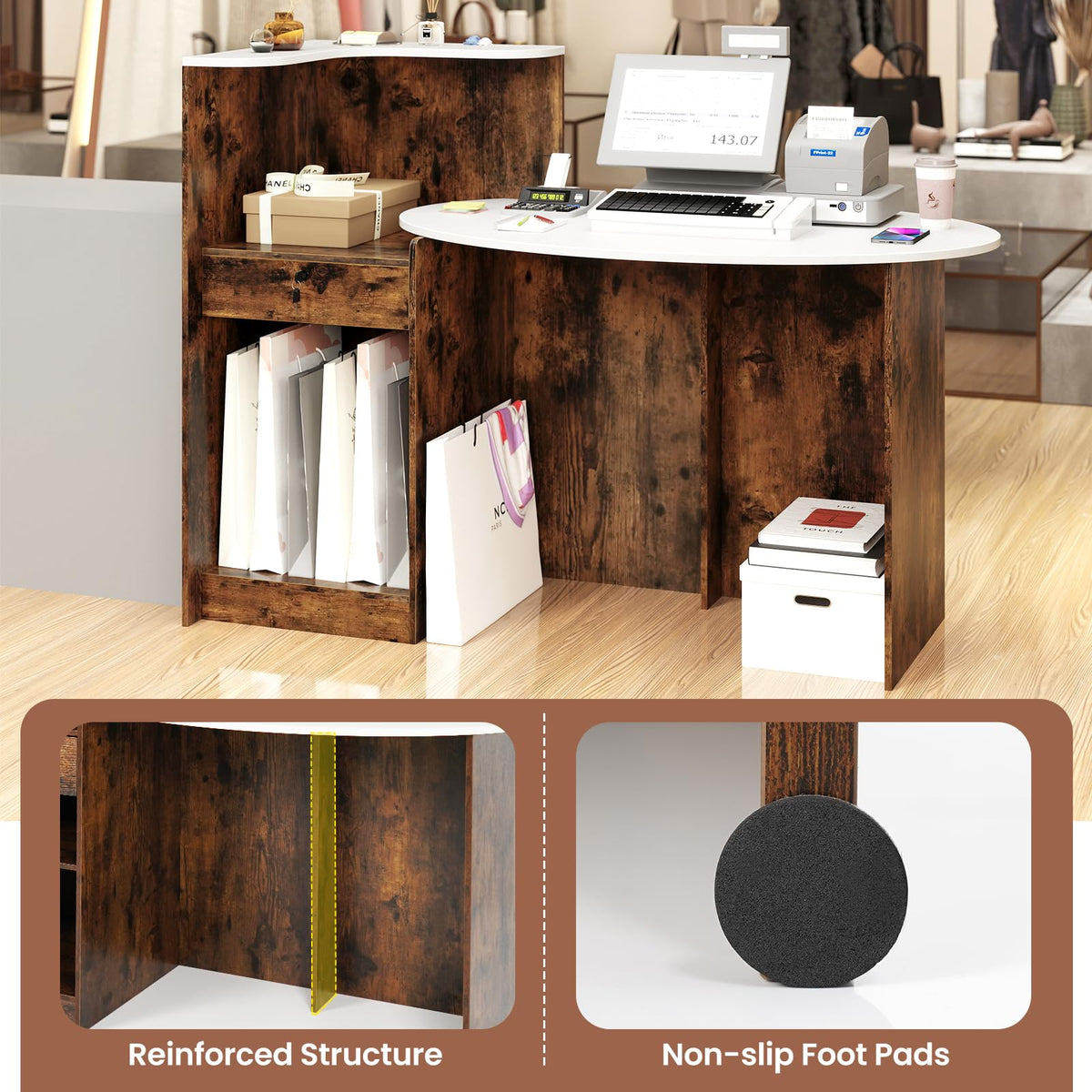 Goflame Reception Desk, Front Counter Desk with Lockable Drawer, Oval Tabletop & Adjustable Shelf