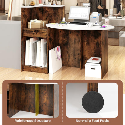 Goflame Reception Desk, Front Counter Desk with Lockable Drawer, Oval Tabletop & Adjustable Shelf