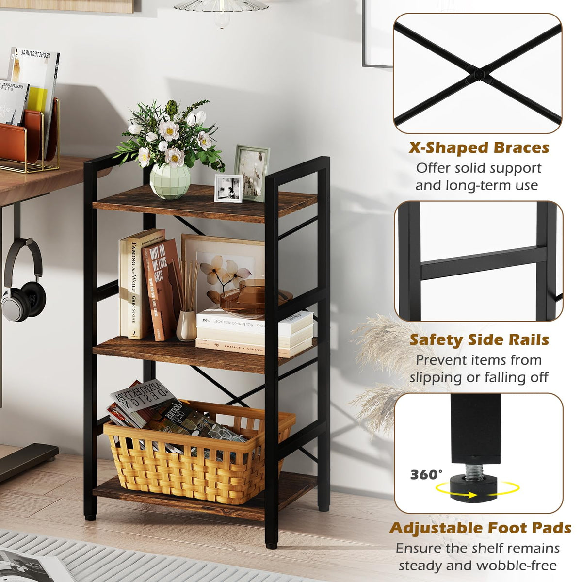 Goflame 3-Tier Bookshelf Narrow Freestanding Display Shelf with Metal Frame & Wooden Storage Racks