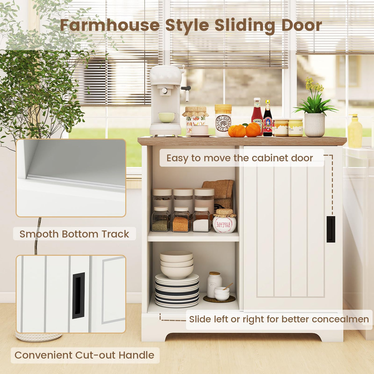 Goflame Small Sideboard Buffet Cabinet Farmhouse Kitchen Storage Cabinet with Fluted Sliding Door