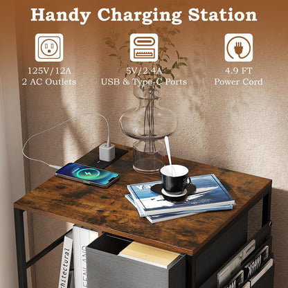 Goflame Industrial Nightstand with Charging Station - End Side Table w/3 Fabric Drawers