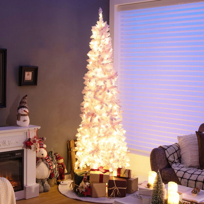 Goflame 7ft Pre-Lit Pencil Christmas Tree, Snow Flocked Artificial Slim Tree with 800 Branch Tips - GoflameUS