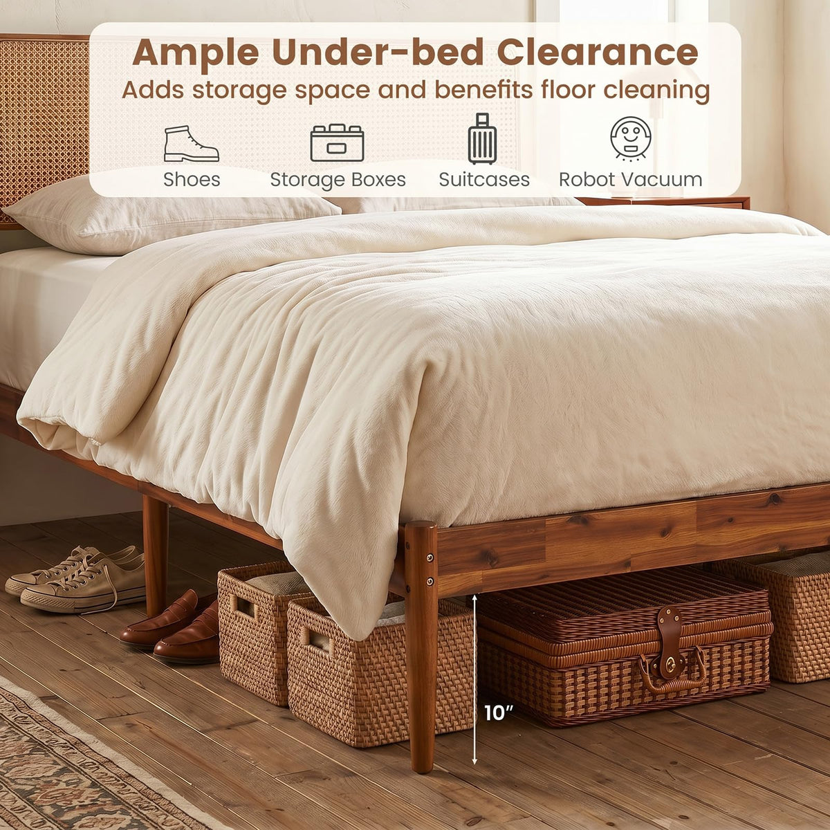 Goflame Wooden Bed Frame Full/Twin/Queen Size with Rattan Headboard