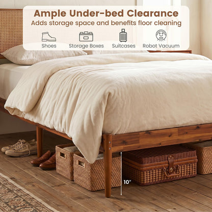 Goflame Wooden Bed Frame Full/Twin/Queen Size with Rattan Headboard
