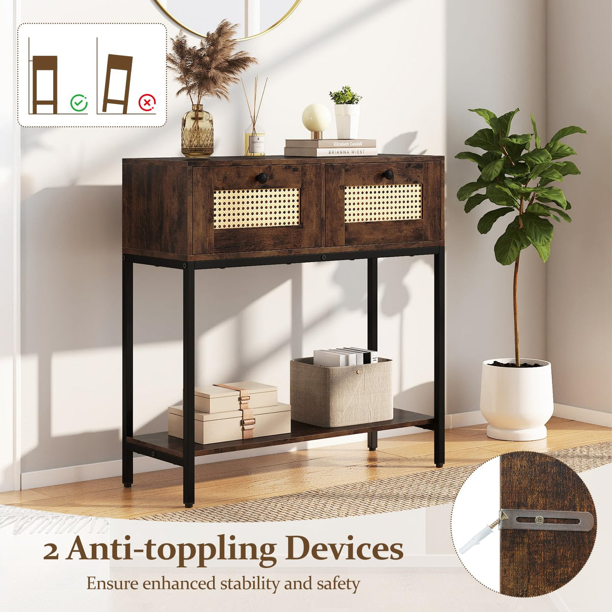 Goflame Rattan Console Table 32" Boho Entryway Table with 2 Drawers