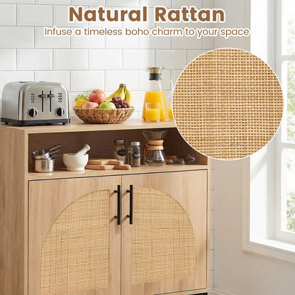 Goflame 32" Sideboard Buffet Cabinet with 2 Natural Rattan Decorated Doors (1/2)
