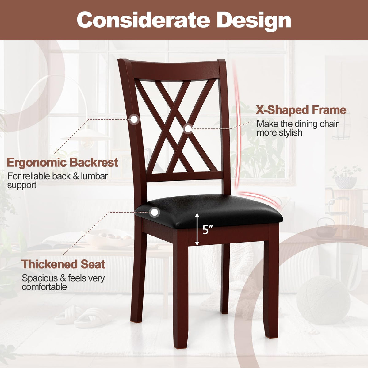 Goflame Wood Dining Chairs Set of 2, Faux Leather Upholstered Kitchen Chairs with Rubber Wood Legs