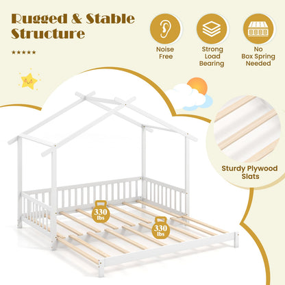 Goflame Extendable House Bed for Kids, Twin to King Daybed with Roof & Fence Rails, Wood Kids Bed Frame for Teens