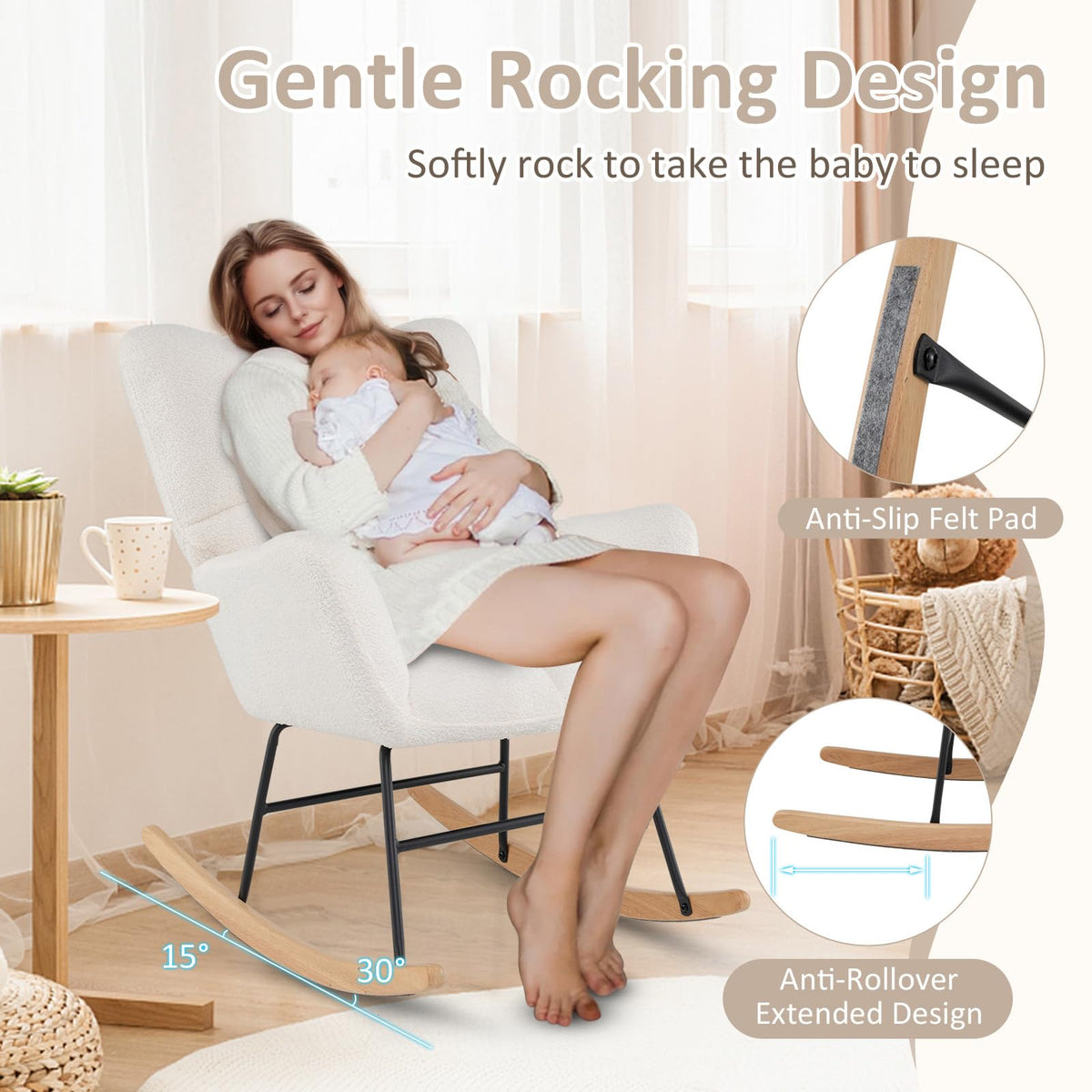 Goflame Rocking Chair Nursery, Teddy Upholstered Glider Rocker Chair w/High Backrest